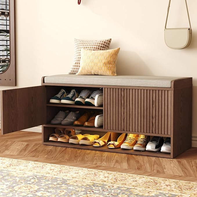 HOMEFORT 39.4" Fluted Shoe Storage Bench, Entryway Bench by HOMEFORT