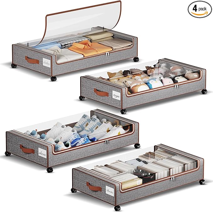 Yecaye Under Bed Storage with Wheels, 4 Pack Under the Bed Storage Containers by Yecaye