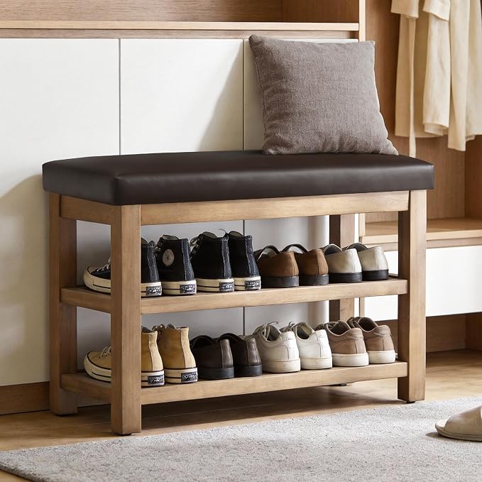 Zihanhome Shoe Rack Bench with Leather Cushion, 2 Tier Solid Wood Storage Bench - Image 4