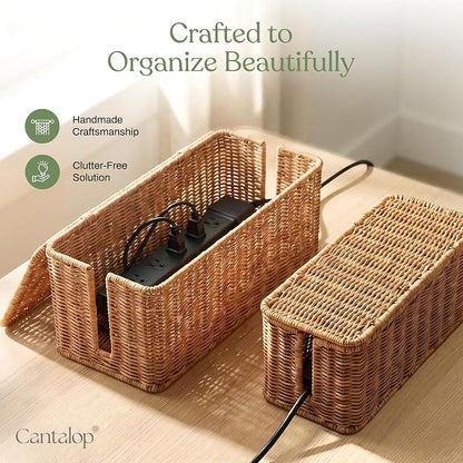 Cable Management Box Set of 2 Sizes, Handmade Rattan Cable Organizer - Image 7