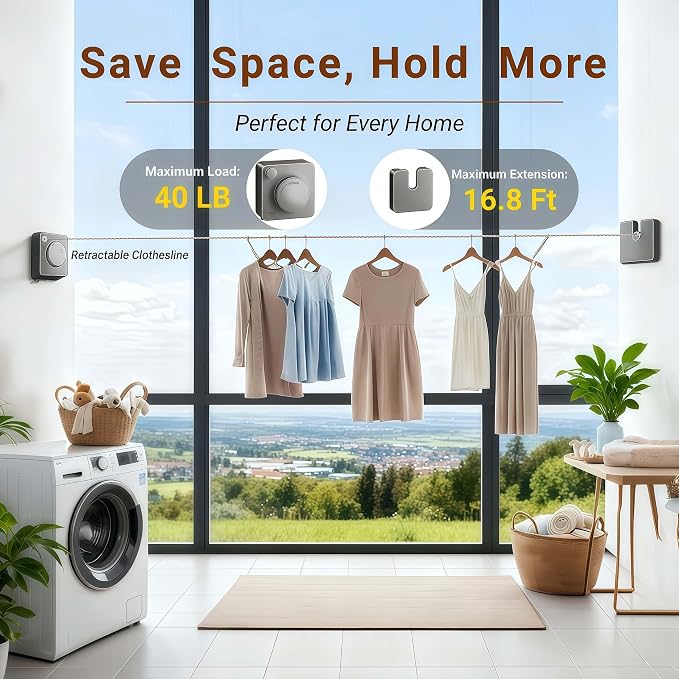 Retractable Clothesline Indoor & Outdoor – 16.8 Ft Non-Sagging Heavy-Duty - Image 2