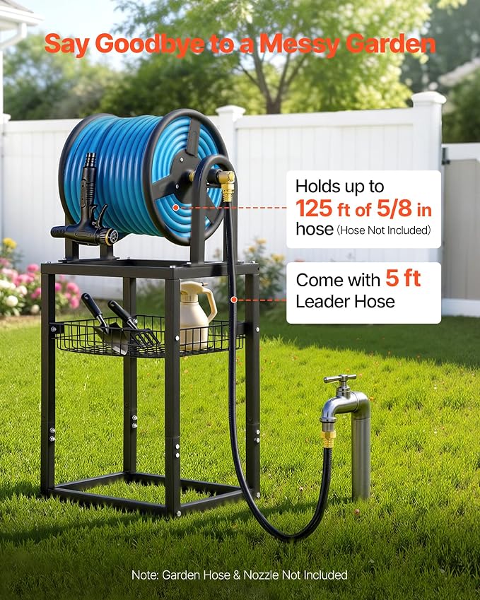 VEVOR Freestanding Garden Hose Reel, Holds 125 Feet of 5/8-inch Hose, Wall - Image 3