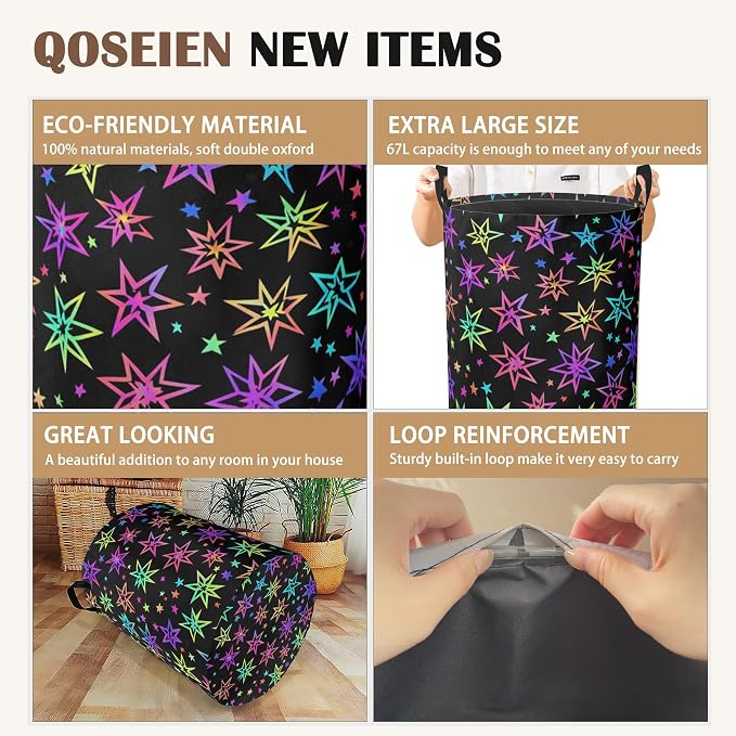 Laundry Hamper, Bright Neon Stars Laundry Basket, Waterproof Oxford Cloth - Image 2
