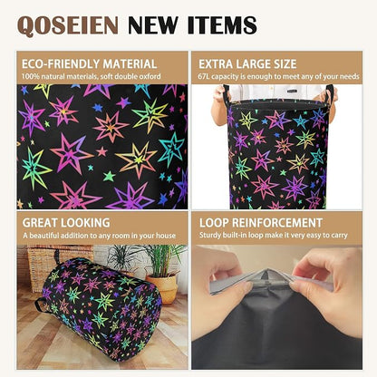 Laundry Hamper, Bright Neon Stars Laundry Basket, Waterproof Oxford Cloth - Image 2