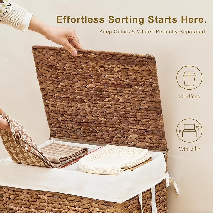 2-Section Laundry Hamper with Lid, Large Capacity Woven Natural Water Hyacinth - Image 3