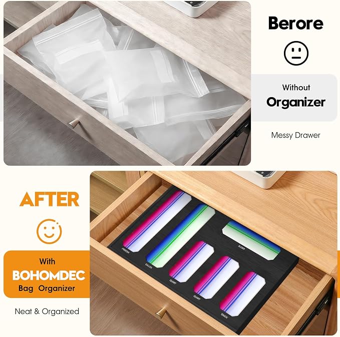 6 in 1 Bamboo Ziploc Bag Storage Organizer, Snack & Freezer Bags, Wall - Image 2
