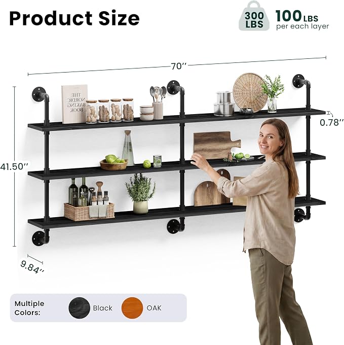 HDDFER Floating Shelves 70 inch Wall Bookshelf Industrial Pipe Shelving Shelves - Image 2