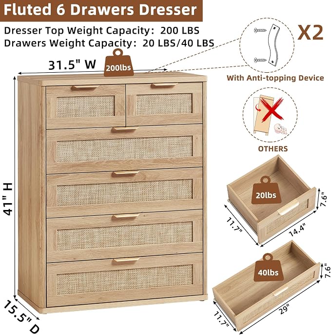 LEYAOYAO Rattan Dresser for Bedroom Set of 2, Modern 6 Drawers Boho Dressers - Image 3