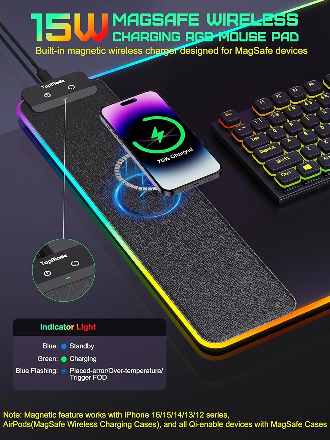 TopMade Mouse Pad with Wireless Charging, 31.5" x 15.75" Large Desk Mat RGB - Image 2