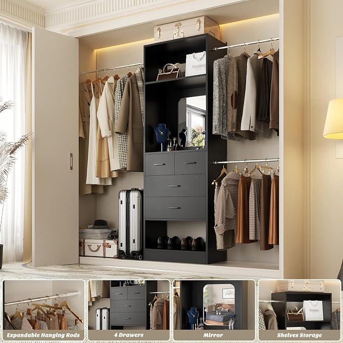Unikito 8FT Closet System with Mirror and 3 Extendable Hanging Rods, 4 Wood - Image 2