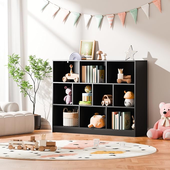 Cozy Castle Black Bookshelf, 3-Tier Open Shelf Bookcase, 10 Cube Storage - Image 3