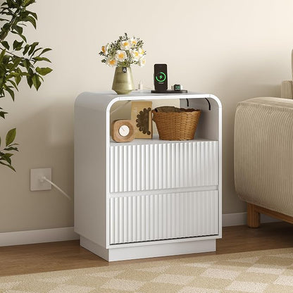 Dresser with 2 Drawers and Charging Station, Fluted Bedside Table with Round - Image 6