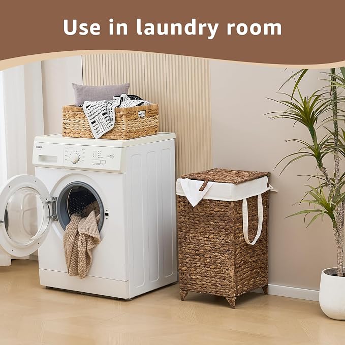 Laundry Hamper with Lid and Removable Liner Bag, Handwoven Natural Hyacinth - Image 4