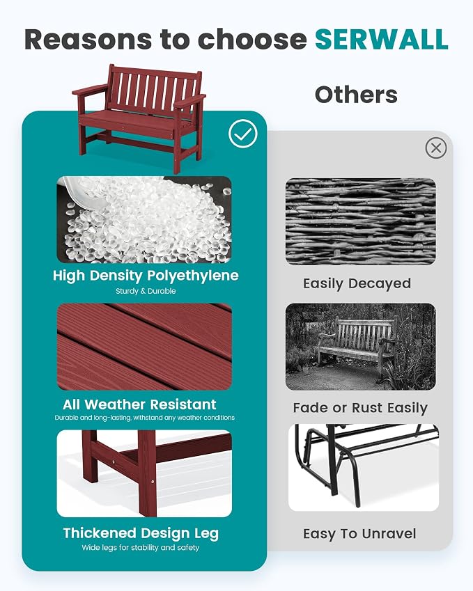 SERWALL HDPE Outdoor Bench, 2-Person Weatherproof Porch Bench, 1 Pack, Suitable - Image 9