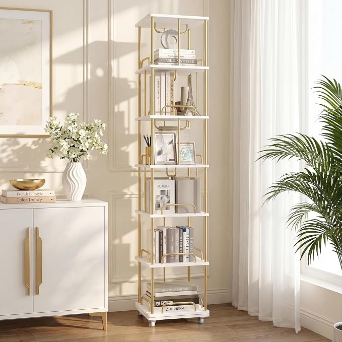 Rotating Bookshelf, 6 Tier Tall Spinning Skinny Book Shelf White | Gold Modern by Aylenic