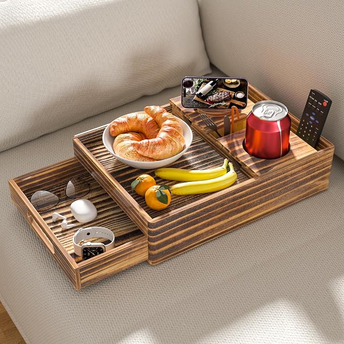 Vintage Wood Couch Cup Holder, 7-in-1 Couch Caddy Tray, Sofa Side Table by CouchCupHolder