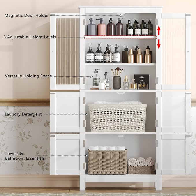 Akxomel 53.1" Tall Bathroom Cabinet 6 Doors Linen Floor Storage Cabinet | - Image 4