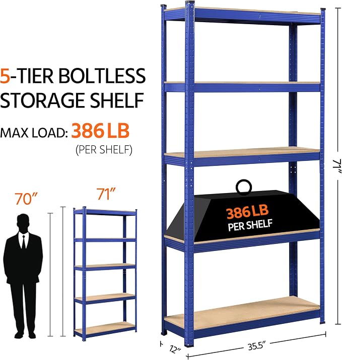 Yaheetech 5-Tier Heavy Duty Storage Shelves 35.5" W x 12" D x 71" H Blue | - Image 3