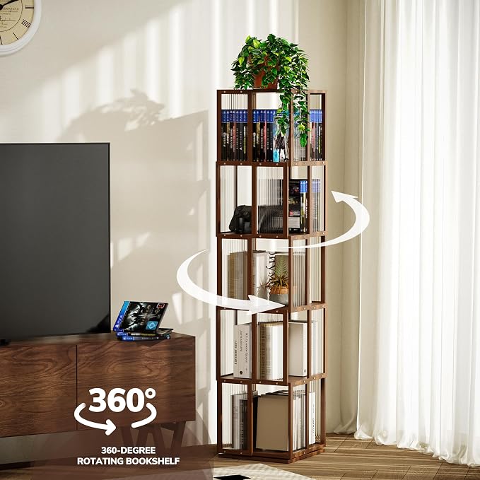 BAMEOS Solid Wood Rotating Bookshelf Tower 5 Tier，360°Storage Spinning Bookcase - Image 3
