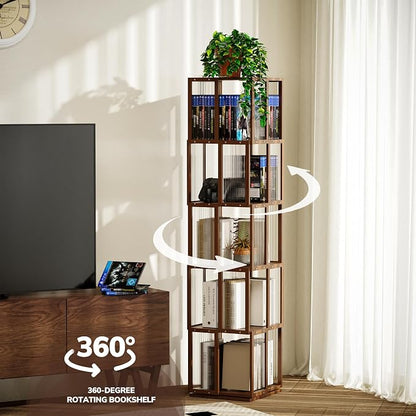BAMEOS Solid Wood Rotating Bookshelf Tower 5 Tier，360°Storage Spinning Bookcase - Image 3
