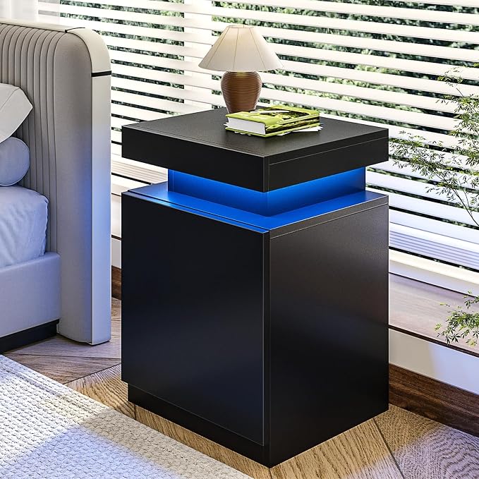 MXV Nightstand with LED Lights & Charging Station, Storage Cabinet & Drawers - Image 8
