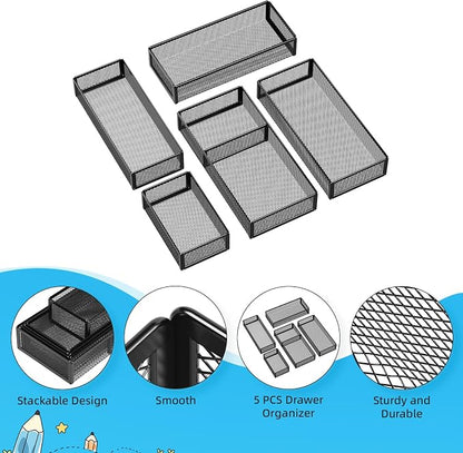 Marbrasse 5 Pack Desk Drawer Organizer Set, Mesh Drawer Storage Trays - Image 5