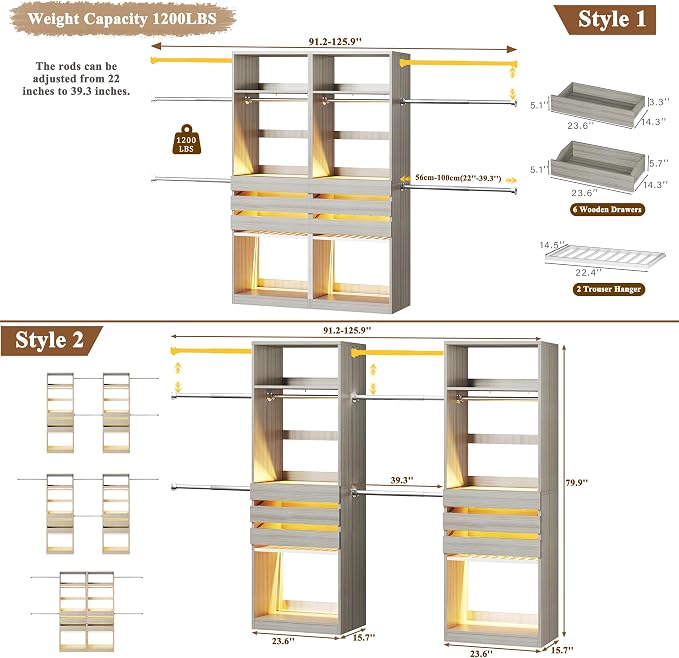 Closet System Set of 2, 5.7-10.4FT Closet Organizer System - Image 8