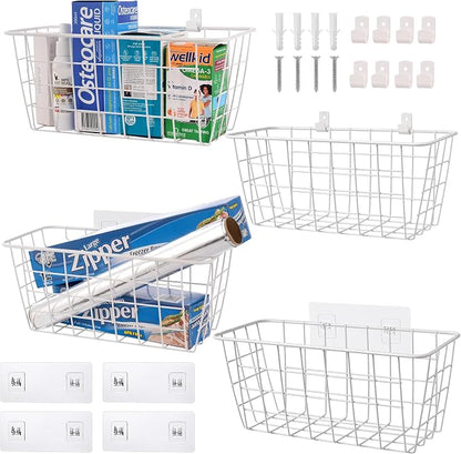Wire Hanging Wall Basket, 4 White Metal Baskets, Adhesive Cabinet Organizer | by LIGHTDUST