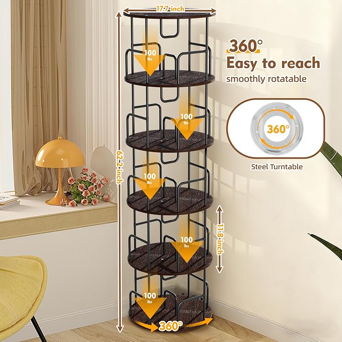 GDFStudio Rotating Bookshelf Tower, 5 Tier 360° Spinning Bookcase, Tall Narrow - Image 3