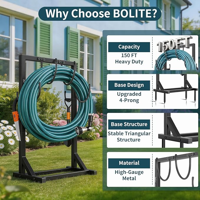 Garden Hose Holder Stand, BOLITE Heavy Duty Metal Hose Hanger, Holds 150ft | - Image 4