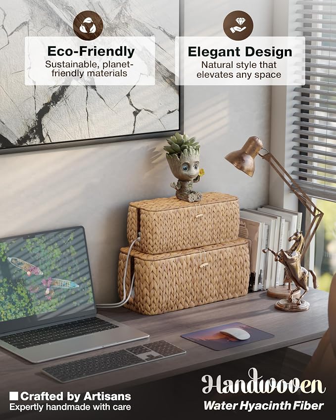Large Cable Management Box, Natural Rattan Cable Cord Organizer Boxes - Image 3