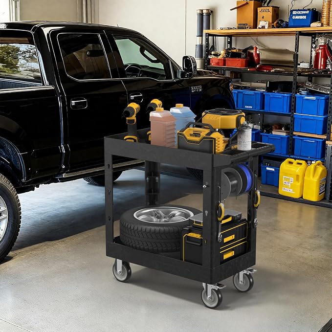 2 Tier Plastic Rolling Utility Cart on Wheels, Heavy Duty Tool Cart - Image 7