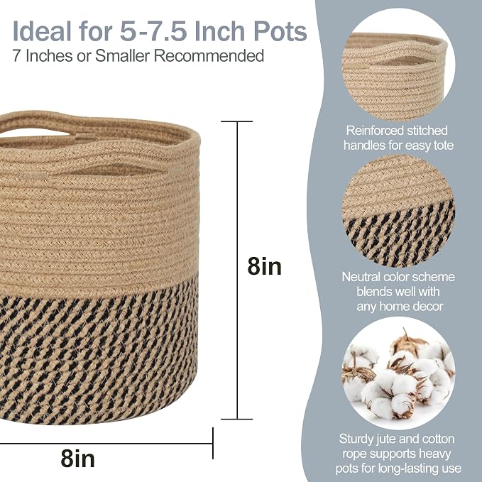 MEGASKET Woven Jute Plant Basket, Wicker Basket Planter up to 7" Pot, Round - Image 2