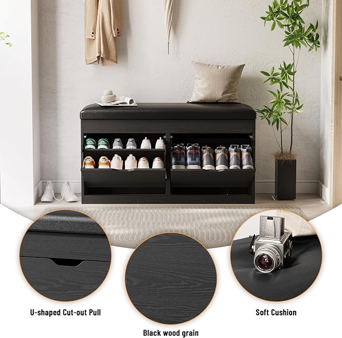 40" Shoe Storage Bench with Flip Drawers Padded Seat Cushion, Shoe Cabinet with - Image 6