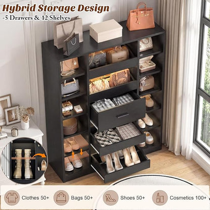 Besiost 40" Closet System with Lights, Wood Closet Organizer with 5 Drawers | - Image 5