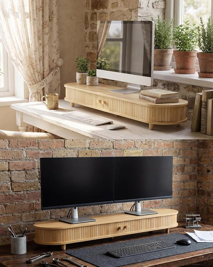 Bamboo Dual Monitor Stand with Storage, Curved Double Computer Laptop Stand - Image 6