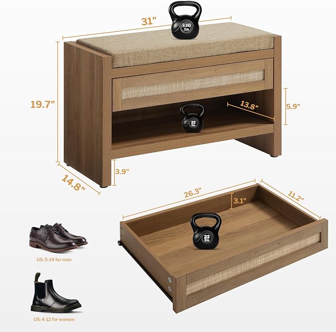 SICOTAS Rattan Shoe Bench Entryway Bench - Image 2