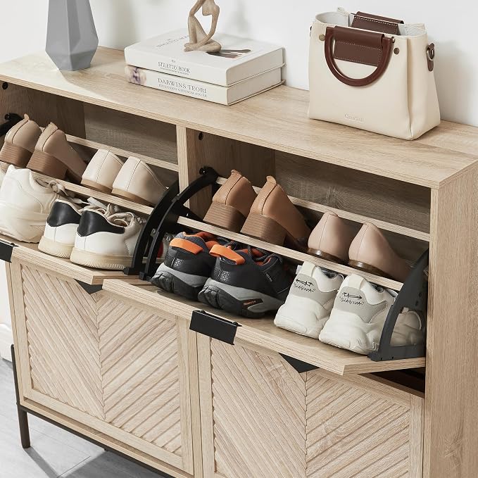 Shoe Cabinet with 4 Flip Drawers, Narrow Entryway Rack, Oak | Slanted Wood Grain - Image 3