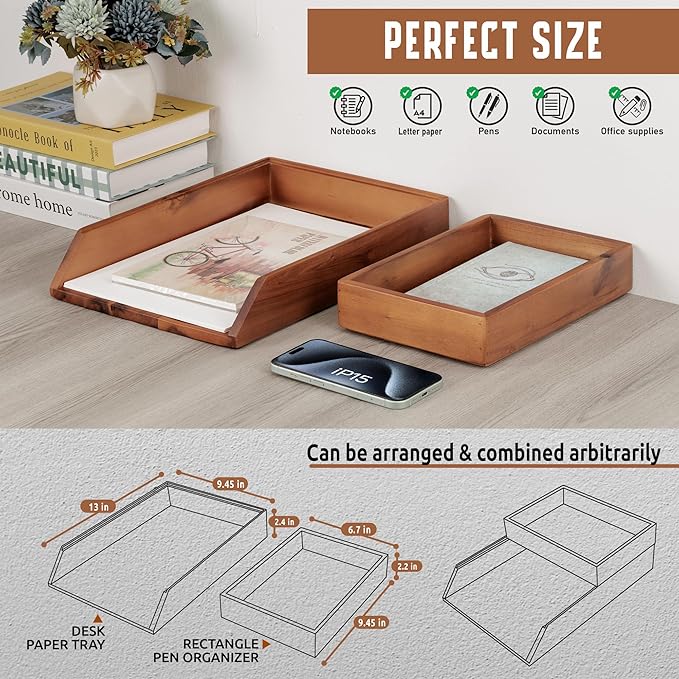 DEMIGO Desk Organizer Letter Tray Set of 2, Natural Acacia Wood Paper Tray | - Image 2