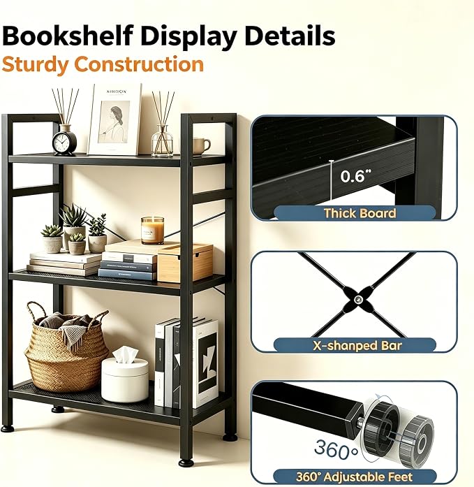 HealSmart 3 Tier Bookshelf, Free Standing Book Shelf Home Office Bookcase Shelf - Image 5