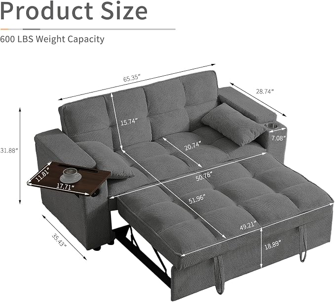 hansones 65'' 3-in-1 Folding Convertible Sofa Bed, Queen Size Pullout Sofa - Image 2