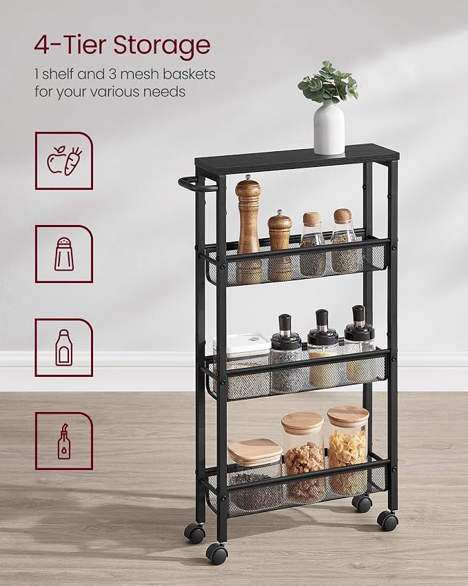 VASAGLE Slim Rolling Cart, 4-Tier Storage Cart, Narrow Cart - Image 4