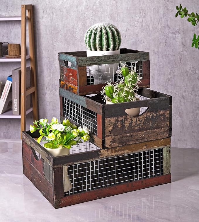 TIMRIS Set of 3 Rustic Wood Nesting Crates, Farmhouse Distressed Wooden Storage - Image 2