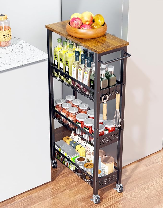 Utility Slim Storage Cart, 4 Tier Small Rolling Kitchen Laundry Room Cart by OKZEST