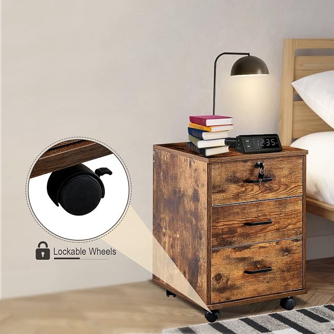 File Cabinet with Lock 3 Drawer Mobile Filing Cabinet with 360° Swivel Wheels - Image 5