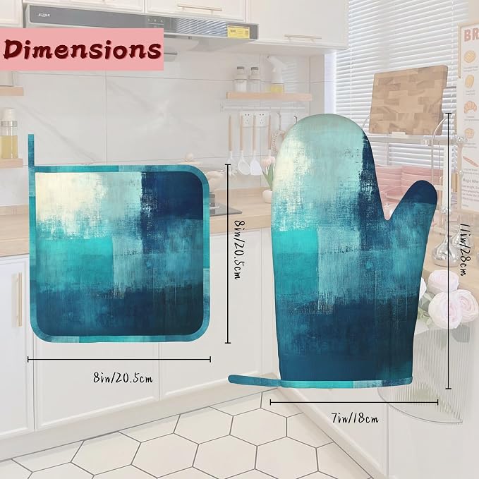 Turquoise Grey Oven Mitts and Pot Holders, Teal Modern Art Heat Resistant - Image 2