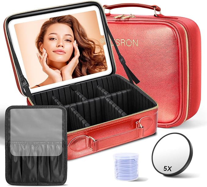 JUSRON Travel Makeup Bag With LED Mirror, Cosmetic Train Case with Light up by JUSRON