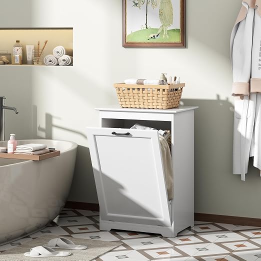 JAXPETY Tilt Out Trash Cabinet Kitchen Trash Can Holder Wood Laundry Hamper - Image 4