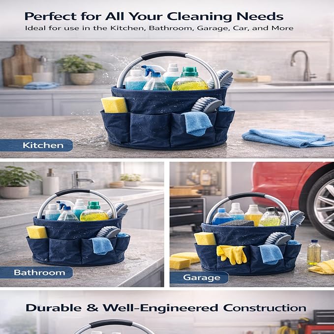 Cleaning Caddy with Handle, Foldable 17L Cleaning Supplies Basket with 6 Pockets - Image 8