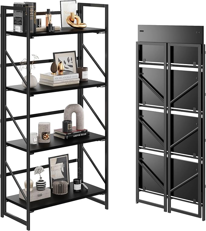 JSB No Assembly Folding Bookshelf, 4 Tier Industrial Metal Book Shelf by HomeFurniture